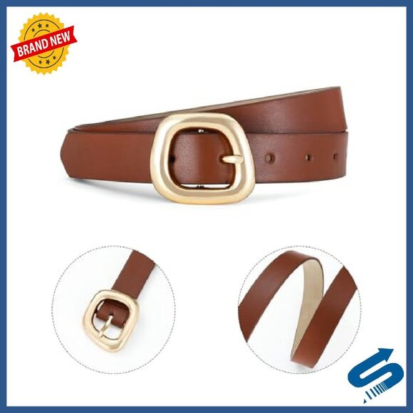 Women\'s Thin Leather Belt Skinny Waist Adjustable Gold Buckle